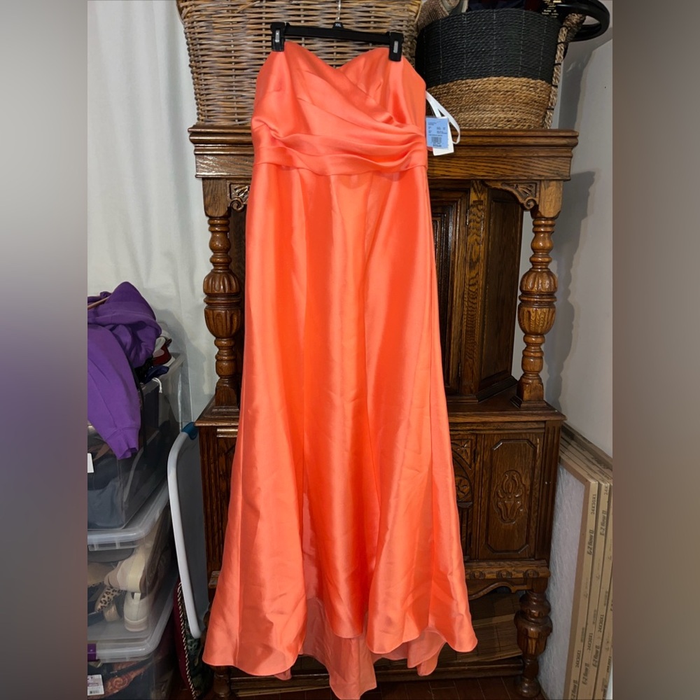 David's Bridal Coral Satin Strapless A-Line Gown